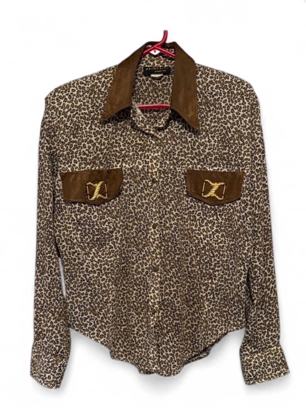 Vintage 80’s Mesmerize Leopard Print Button-Up Shirt with Gold-Tone Accents